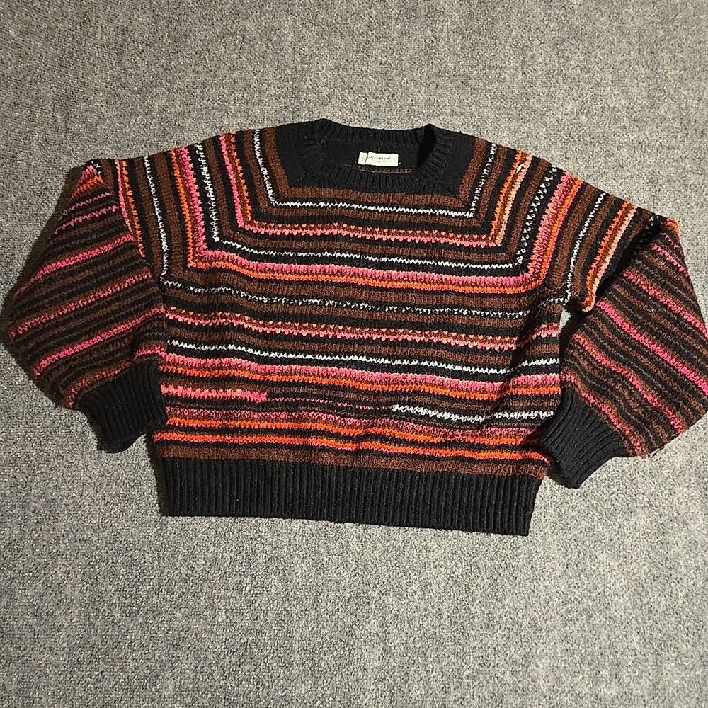 Lucky Brand Sweater Womens Large L Black Striped Pullover Chunky Long Sleeve